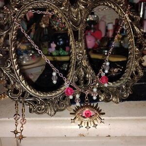 Vibrant Celestial Pink Eye Pendant Necklace And Earrings